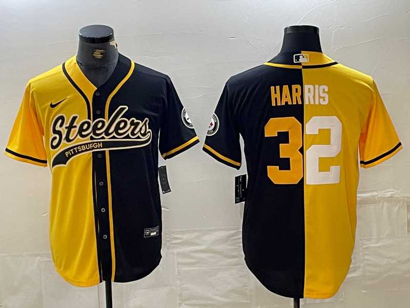 Men%27s Pittsburgh Steelers #22 Najee Harris Yellow Black Split With Patch Cool Base Stitched Baseball Jersey Dzhi